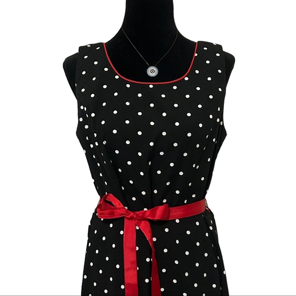 STUDIO I Vintage Black/White Polka Dot Tie Waist Fit & Flare Dress - Picture 2 of 10